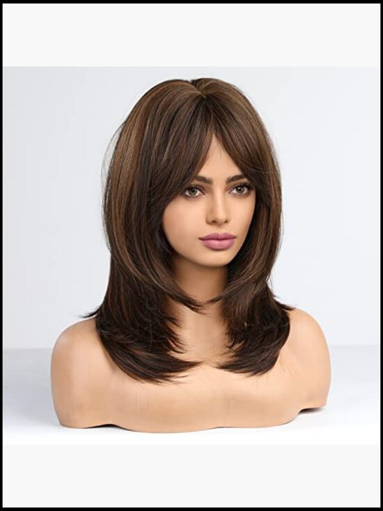 Long Layered Wig with Bangs Heat Resistant Synthetic Straight Waves Daily Wear